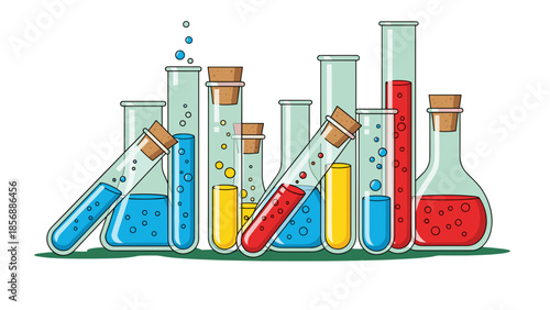 Cartoon Science Lab Equipment: Chemistry Test Tubes and Beakers with Colorful Liquid - Experiment, Research, Isolated on transparent background, Vector Illustration