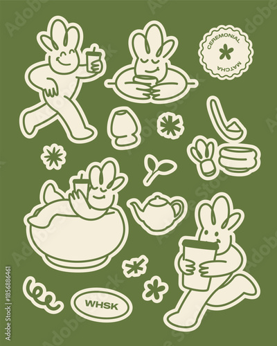 Ceremonial matcha green tea sticker pack cute character line art doodle collection