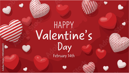 Happy Valentine's Day red background with 3D patterned hearts, white and red striped hearts, and February 14th romantic greeting text.