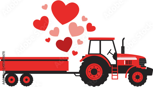 Red farm tractor with trailer hauling red and pink hearts, creative agriculture themed Valentine's Day greeting isolated on white background.