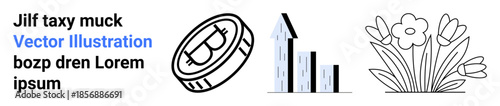 Finance, business trends, cryptocurrency, natural elements, eco-friendly growth, investment . A coin with a crypto symbol, bar chart and flowers. Finance and business trends visualization