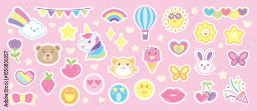 Assortment of vibrant cute cartoon stickers with animals and fun elements.