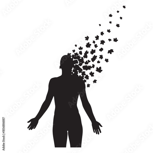 Black silhouette woman with flying leaves from head concept