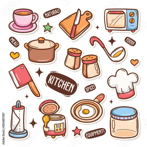 Cartoon doodle icons of kitchen utensils and appliances collection.
