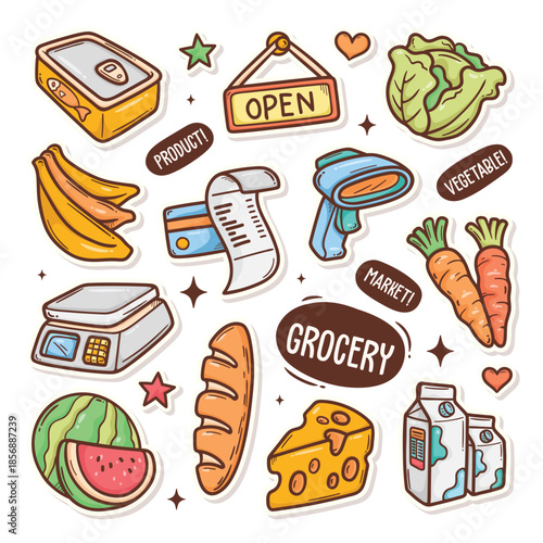 Cartoon icons of grocery items including fruits vegetables dairy and shopping tools.