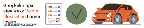Automobile safety, vehicle inspection, transportation compliance, documentation, car review, quality approval. Checklist document, green checkmark orange car. Automobile safety and vehicle