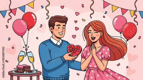 Man giving heart shaped gift to surprised woman at romantic celebration with balloons and cake