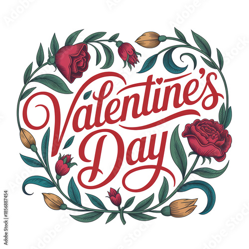 Artistic Valentine’s Day Hand Lettering with Floral Wreath of Roses and Leaves on Black Background for Romantic Celebration