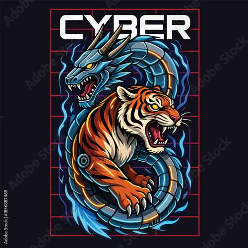 Cyber Tiger Neon Stripes Illustration