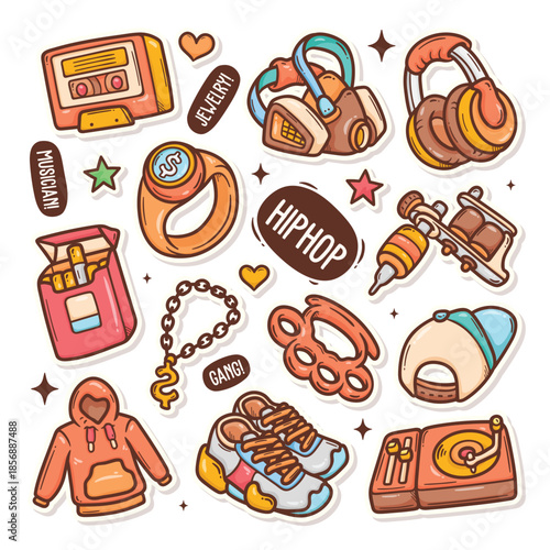 Cartoon illustrations of hip hop culture items like boombox headphones ring tattoo gun and sneakers.