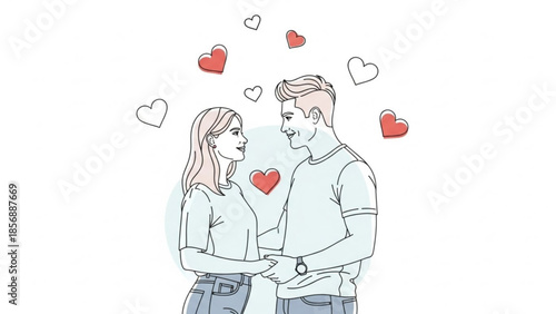 Loving couple embracing with hearts around them in a romantic sweet relationship
