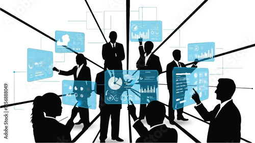 Business professionals analyzing data and presenting reports in modern office setting with graphs and charts on screens