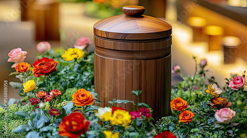 Elegant wooden cremation urn placed on a table, surrounded by orange and burgundy flowers.
