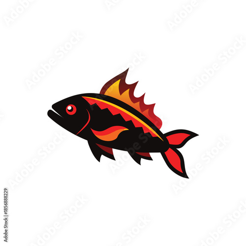 A stylized black fish icon with fiery red and orange details on a white background