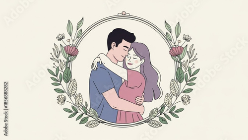 Loving couple embracing warmly in floral wreath frame with purple hair woman and dark hair man