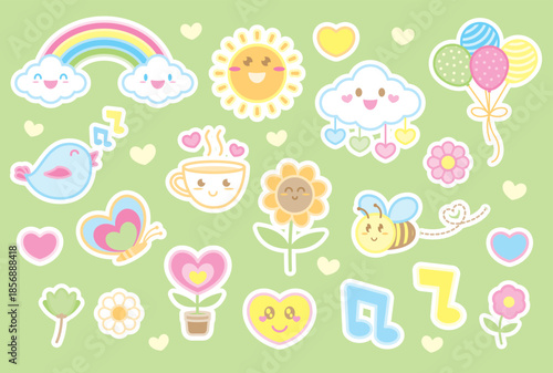 Collection of adorable cartoon icons featuring smiling sun rainbow cloud bird teacup sunflower bee hearts flowers and musical note.