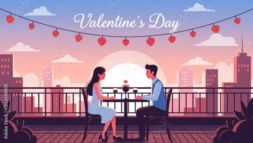 Young romantic couple on balcony with city view on valentine's day with heart decorations