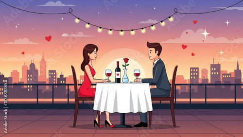 Romantic couple on rooftop dining with wine and city skyline at sunset