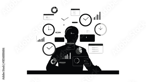 Businessman sitting at desk with multiple clocks and graphs, representing time management and productivity in a modern office setting