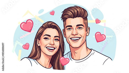 Smiling young couple in love with hearts around them, happy relationship