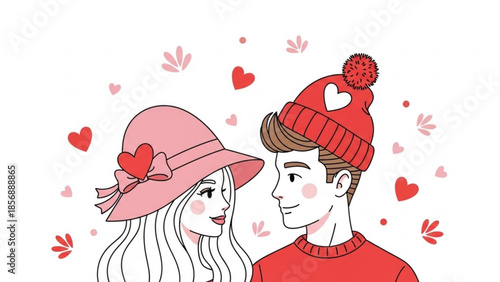 Young couple in love with hearts and flowers around them, romantic illustration