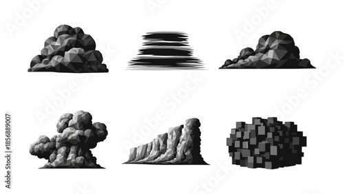 Geometric 3d low poly clouds and structures collection in monochrome