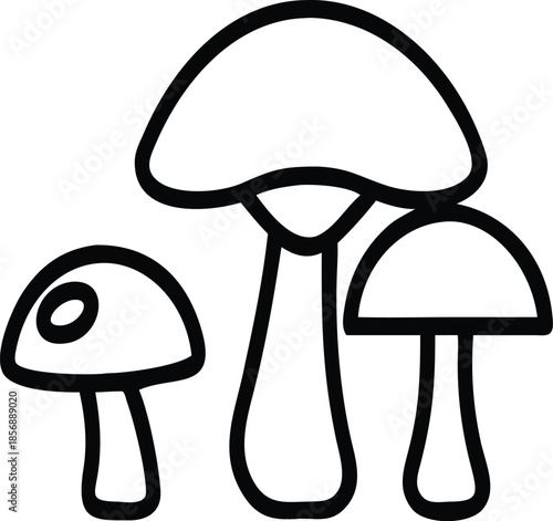 A trio of black line art mushrooms in varying sizes, depicted as a simple graphic icon