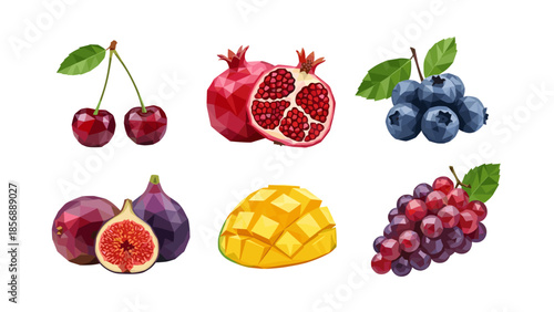 Geometric low poly fruits collection: cherry, pomegranate, blueberry, fig, mango, and grapes