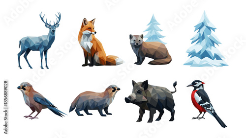 Polygonal woodland animals and trees in geometric style