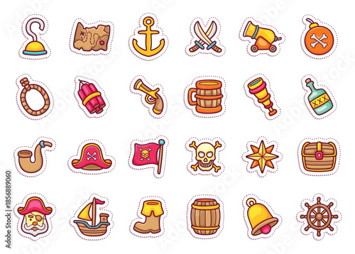 Collection of colorful cartoon pirate themed icons and accessories.