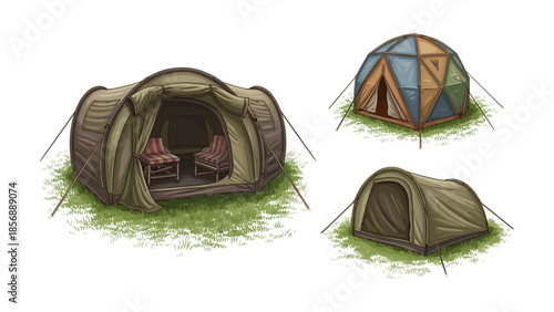Collection of camping tents with chairs on grass in realistic style