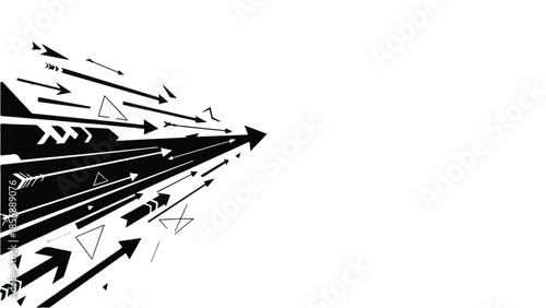 Abstract arrow design elements pointing rightward with dynamic shapes and lines on white background for creative projects and presentations