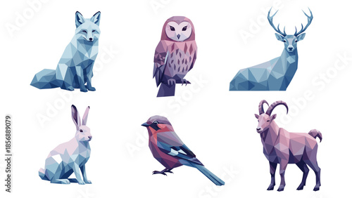 Geometric polygon wildlife art featuring fox, owl, deer, rabbit, bird, goat