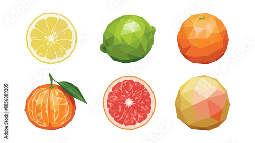 Geometric citrus collection highlighting vibrant low poly designs of lemon, lime, orange, grapefruit, and tangerine