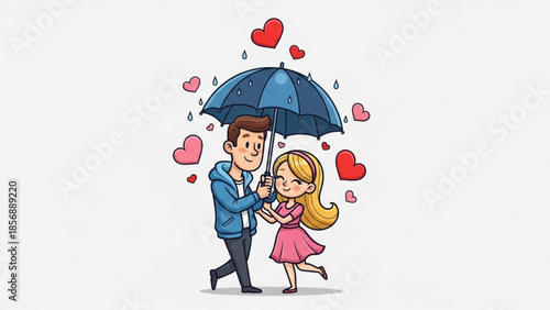 Loving cartoon couple walking under blue umbrella on rainy day with hearts