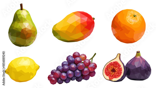 Low poly fruit collection: vibrant pear, mango, orange, lemon, grapes, and figs