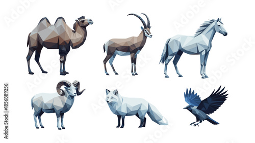Geometric animal art: camel, antelope, horse, ram, fox, raven in low poly style