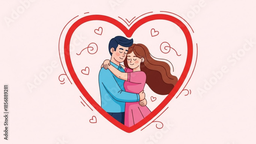 Loving couple embracing in a heart with romantic decorations around them