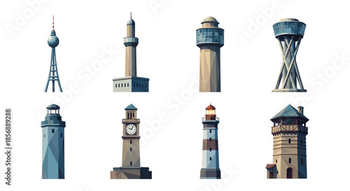 Collection of iconic towers and lighthouses in geometric style