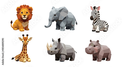 Colorful low poly animals featuring lion, elephant, zebra, giraffe, rhino, and hippo