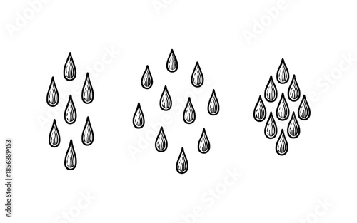 Minimalist raindrops pattern set with hand-drawn black lines on white background