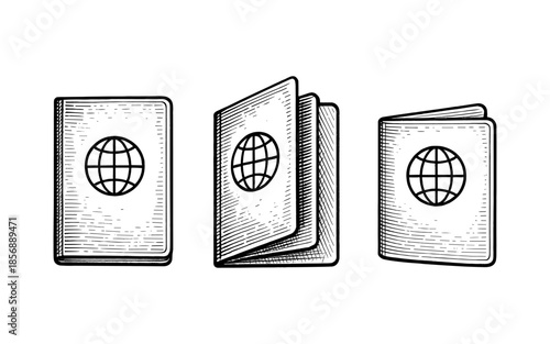 Hand drawn style passports set with globe symbol on white background