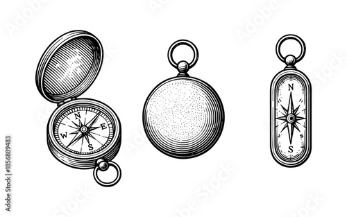 Vintage compass set: engraved retro navigation tools