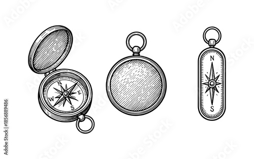 Vintage compass collection: classic navigation tools in detailed engraving style