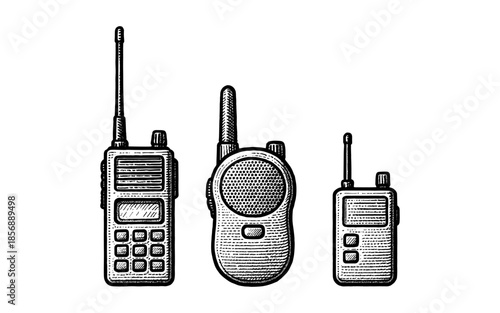 Vintage radio transmitter collection in detailed linear style
