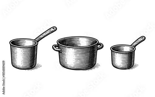 Vintage cooking pots and ladles in retro engraving style