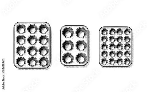 Vintage hand-drawn muffin pans trio
