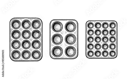Hand-drawn baking sheet set with muffin and cupcake trays in vintage style