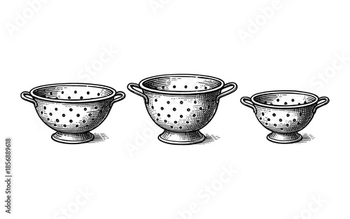 Black and white engraved style colanders set in varying sizes