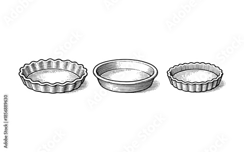 Detailed ink sketch of three different quiche pans with varied patterns